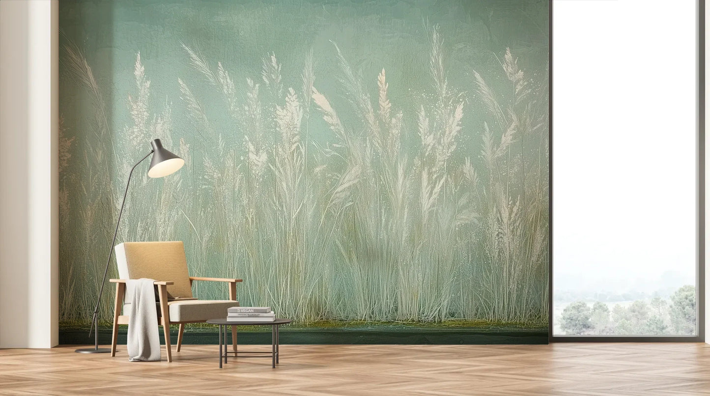 Wzór fototapety REED VERSES - tapeta z delikatnymi trawami na miętowym tle pokazanej w aranżacji salonu.