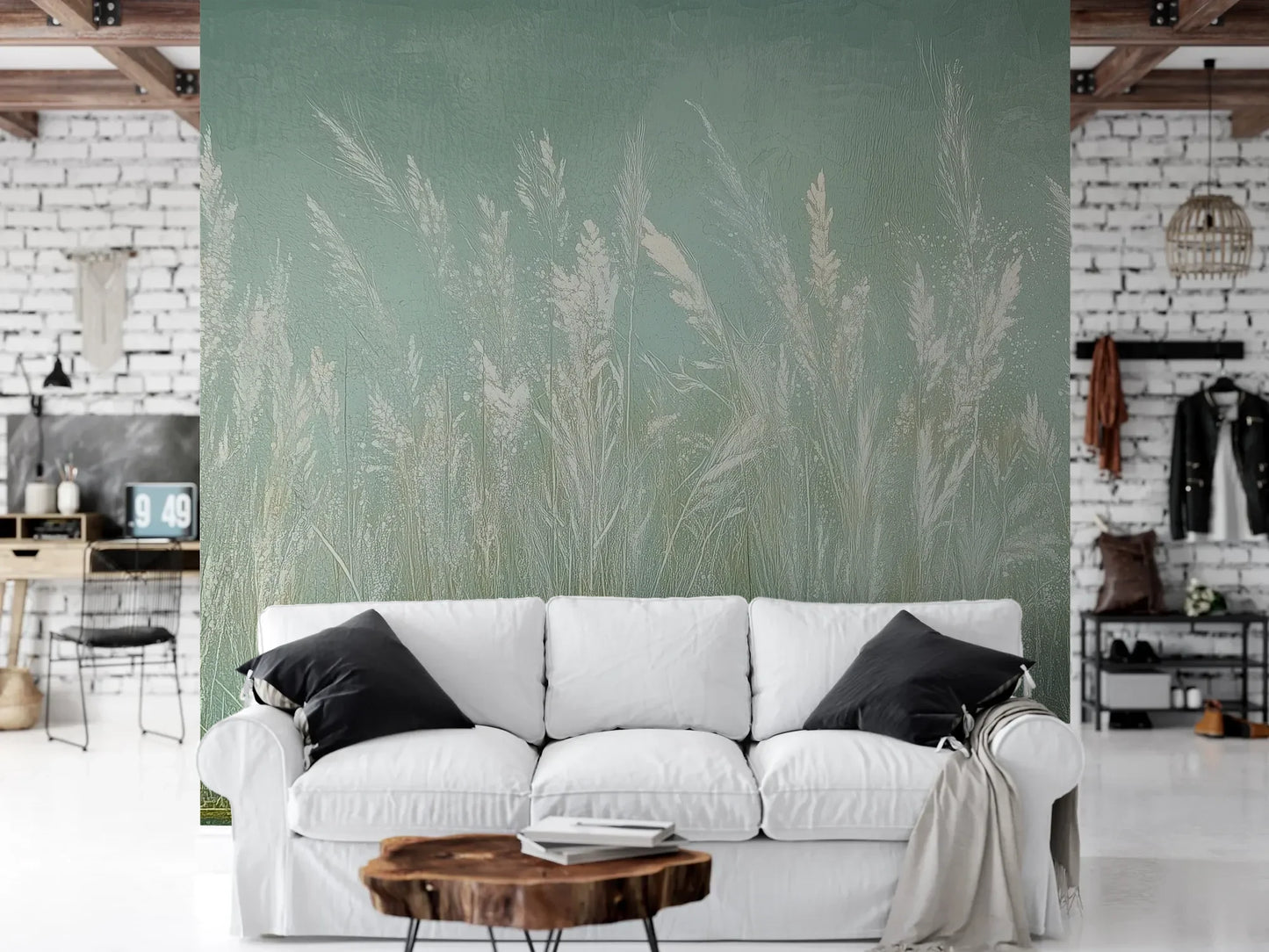 Wzór fototapety REED VERSES - tapeta z delikatnymi trawami na miętowym tle pokazanej w aranżacji salonu.