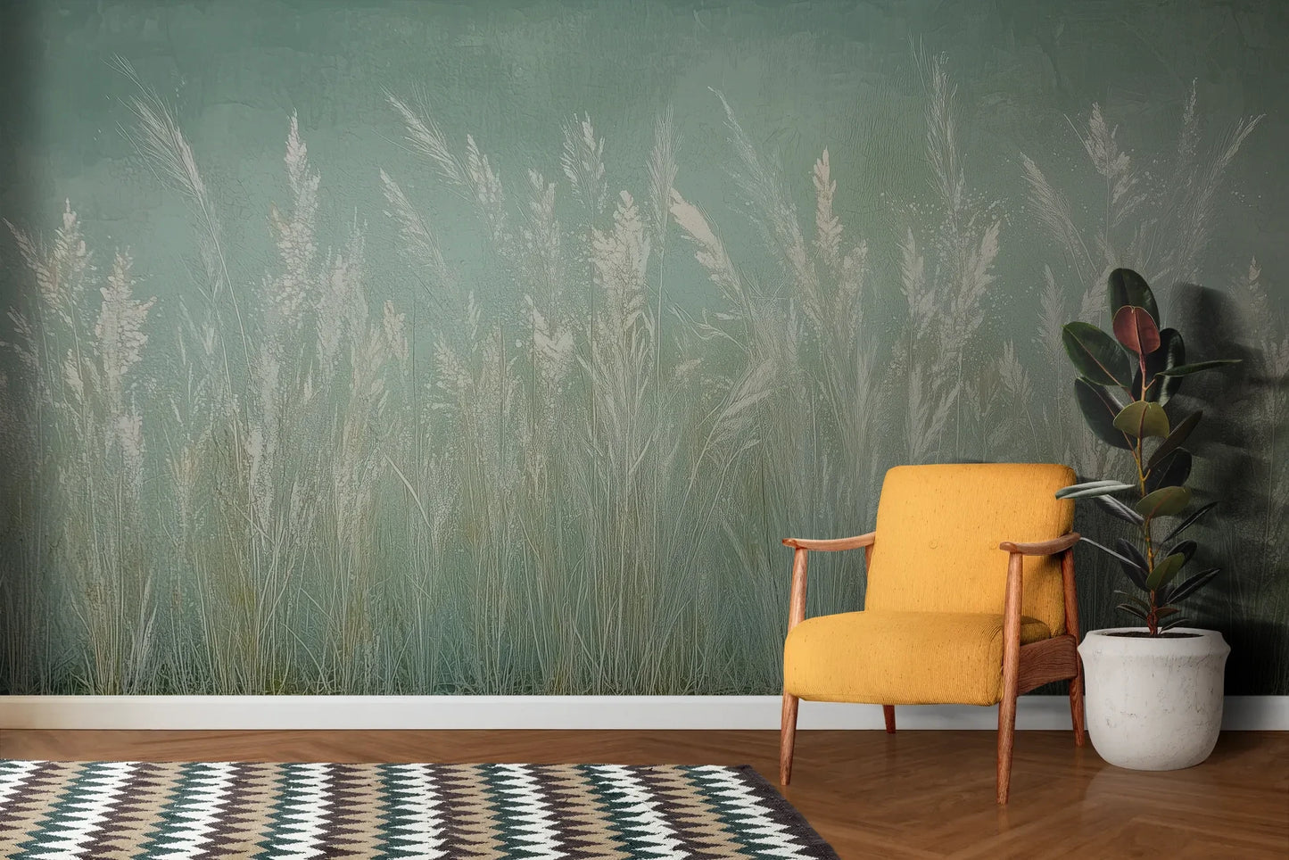 Wzór fototapety REED VERSES - tapeta z delikatnymi trawami na miętowym tle pokazanej w aranżacji salonu.