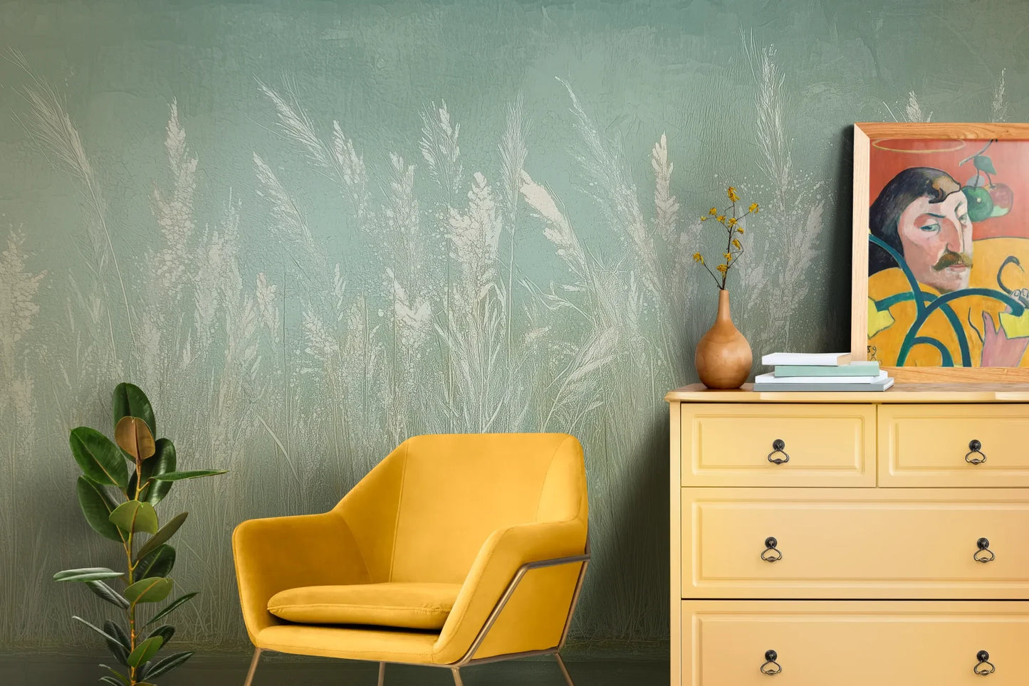 Wzór fototapety REED VERSES - tapeta z delikatnymi trawami na miętowym tle pokazanej w aranżacji salonu.