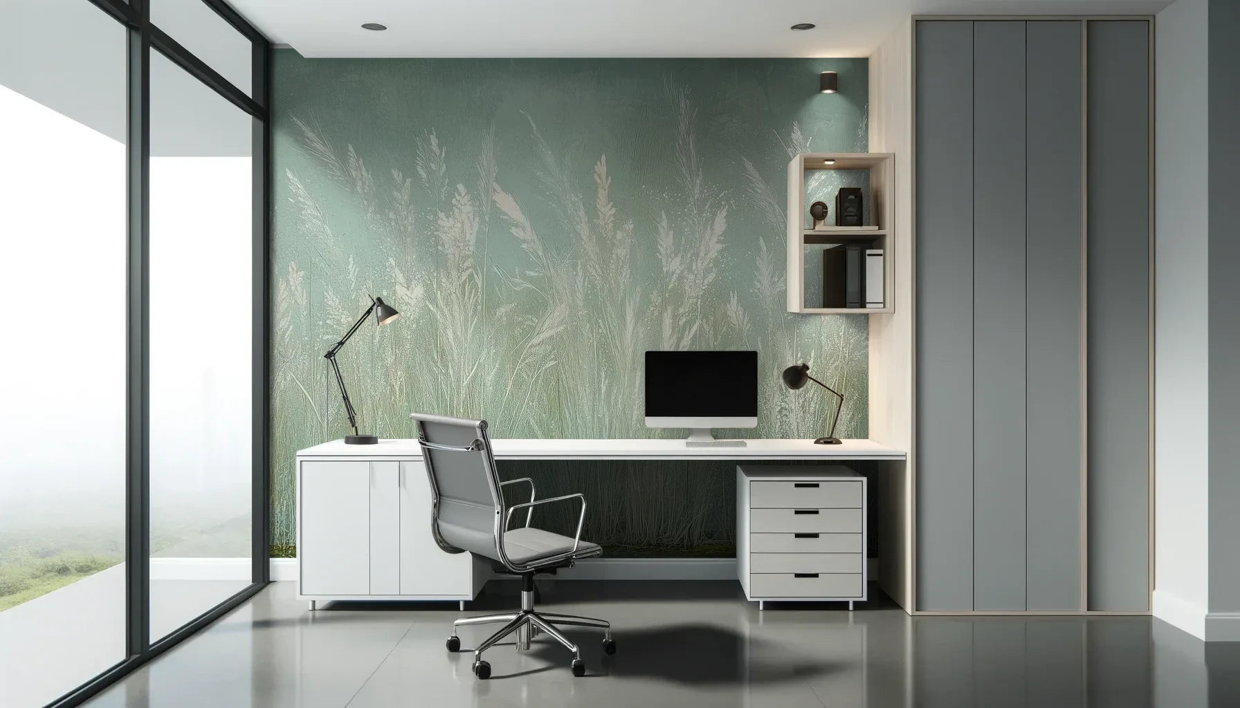Fototapeta REED VERSES - tapeta z delikatnymi trawami na miętowym tle pokazana w aranżacji biura.