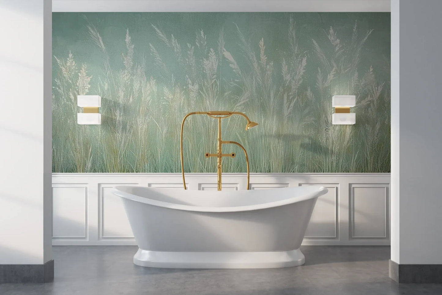 Wzór fototapety REED VERSES - tapeta z delikatnymi trawami na miętowym tle pokazanej w aranżacji łazienki.