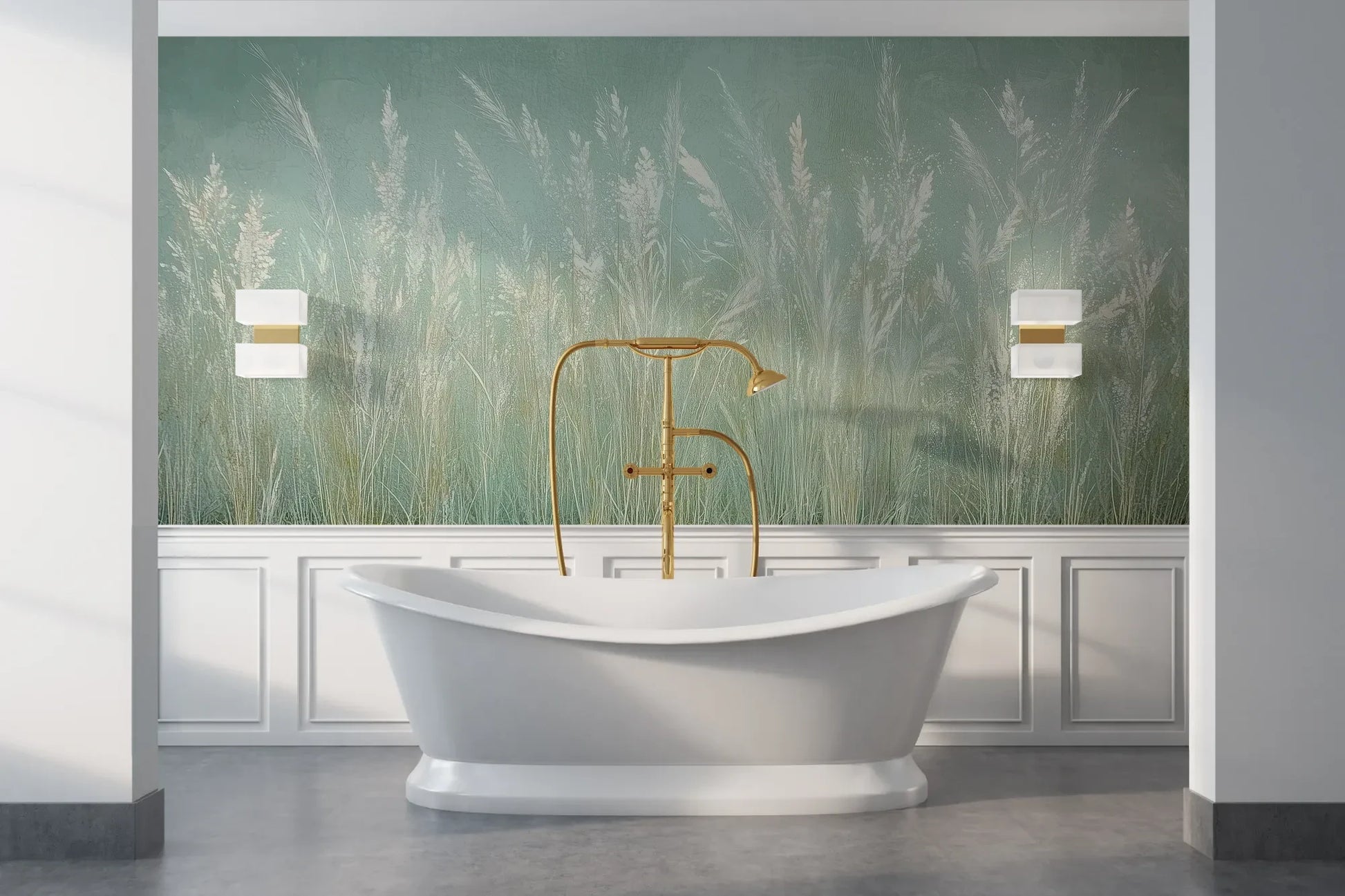 Wzór fototapety REED VERSES - tapeta z delikatnymi trawami na miętowym tle pokazanej w aranżacji łazienki.