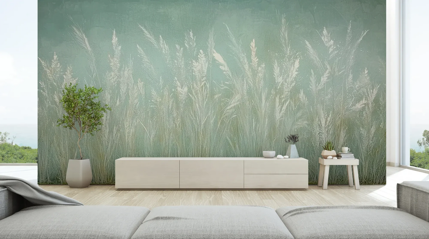 Wzór fototapety REED VERSES - tapeta z delikatnymi trawami na miętowym tle pokazanej w aranżacji salonu.