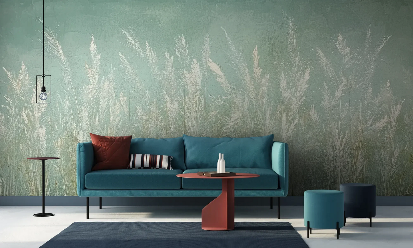 Wzór fototapety REED VERSES - tapeta z delikatnymi trawami na miętowym tle pokazanej w aranżacji salonu.
