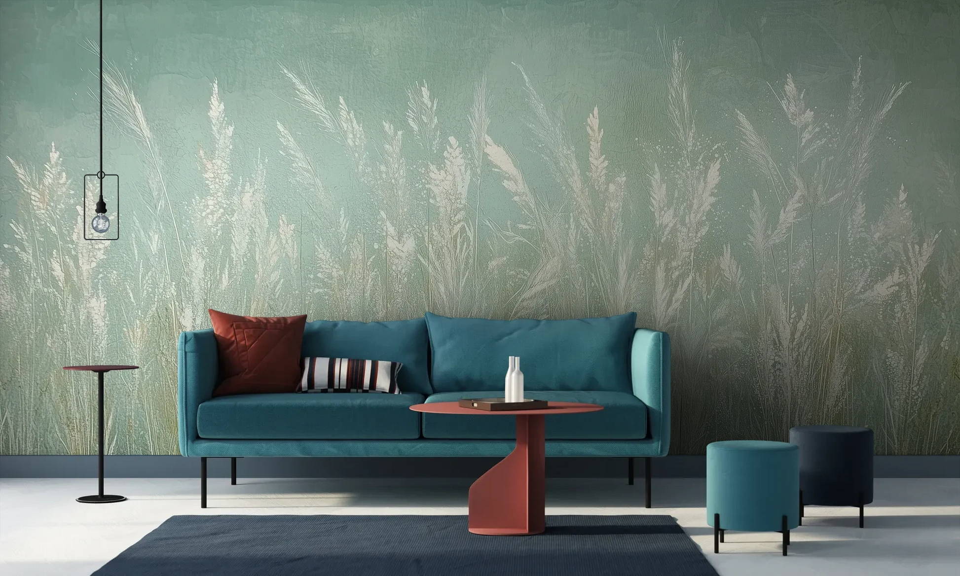Wzór fototapety REED VERSES - tapeta z delikatnymi trawami na miętowym tle pokazanej w aranżacji salonu.