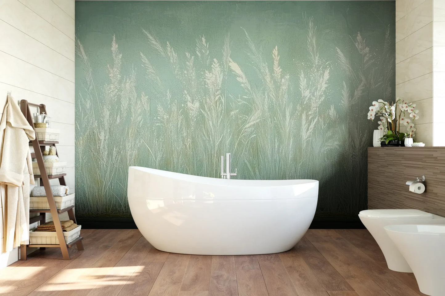 Wzór fototapety REED VERSES - tapeta z delikatnymi trawami na miętowym tle pokazanej w aranżacji łazienki.