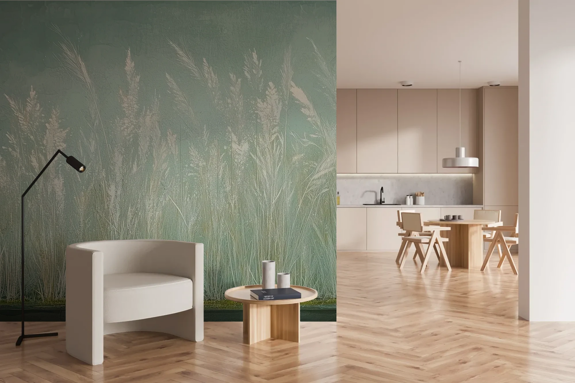 Wzór fototapety REED VERSES - tapeta z delikatnymi trawami na miętowym tle pokazanej w aranżacji kuchni.