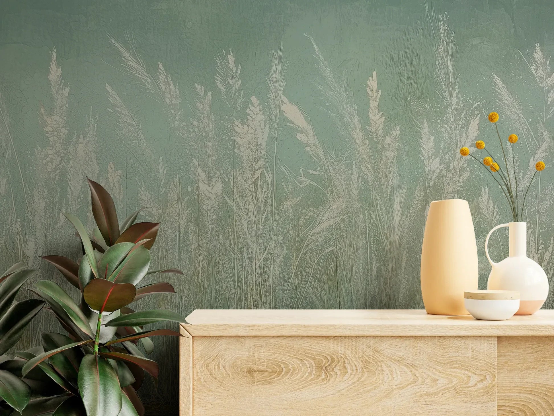 Fototapeta REED VERSES - tapeta z delikatnymi trawami na miętowym tle pokazana w aranżacji wnętrza z akcentem na ścianie.