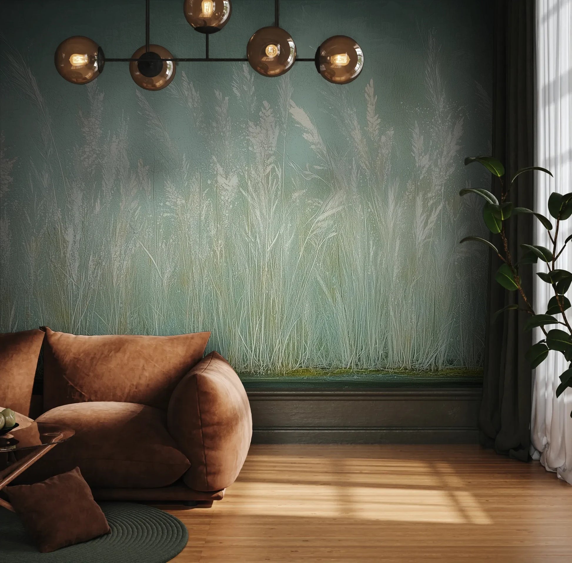Fototapeta REED VERSES - tapeta z delikatnymi trawami na miętowym tle pokazana w aranżacji wnętrza z akcentem na ścianie.