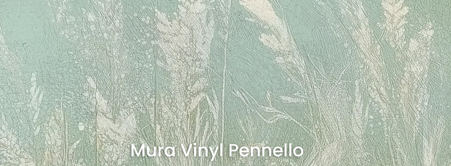 Zbliżenie na fototapetę REED VERSES - tapeta z delikatnymi trawami na miętowym tle na podłożu o fakturze pociągnięć pędzla.