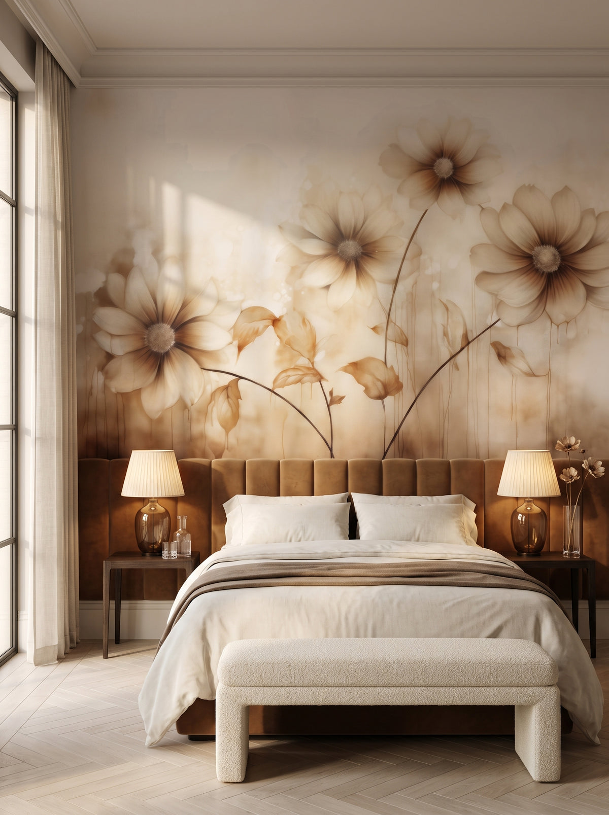 Fototapeta artystyczna o nazwie Sepia Florals w aranżacji wnętrza: apartament w pięciogwiazdkowym hotelu w stylu quiet luxury.