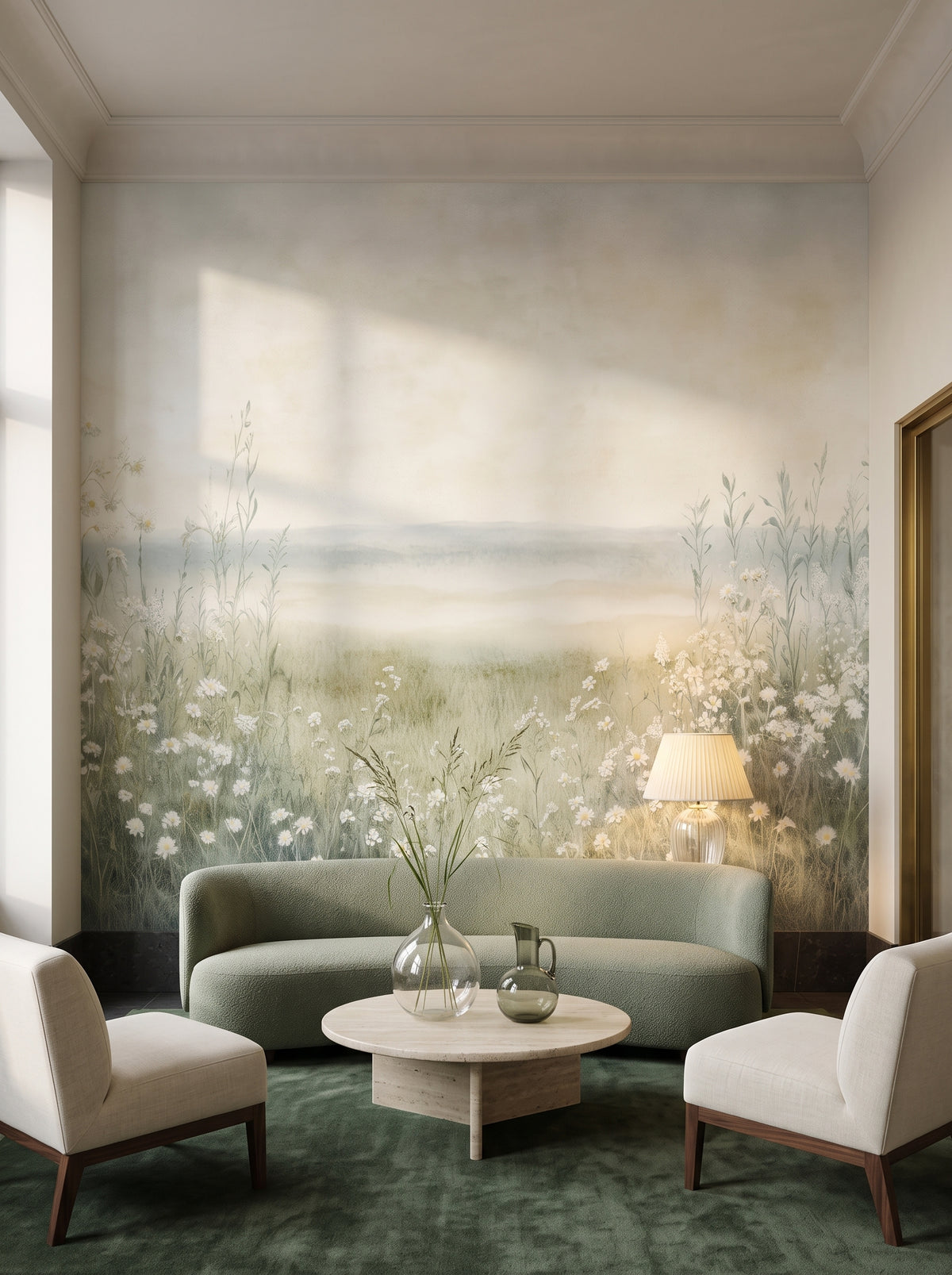Fototapeta artystyczna o nazwie DAWN'S EMBRACE w aranżacji wnętrza: lobby lounge butikowego hotelu designerskiego.