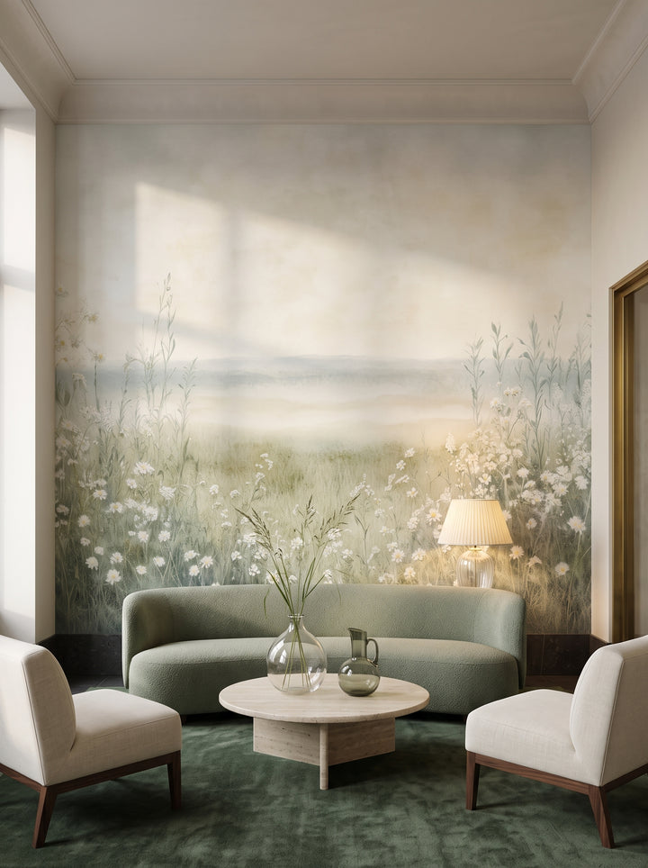 Fototapeta artystyczna o nazwie DAWN'S EMBRACE w aranżacji wnętrza: lobby lounge butikowego hotelu designerskiego.