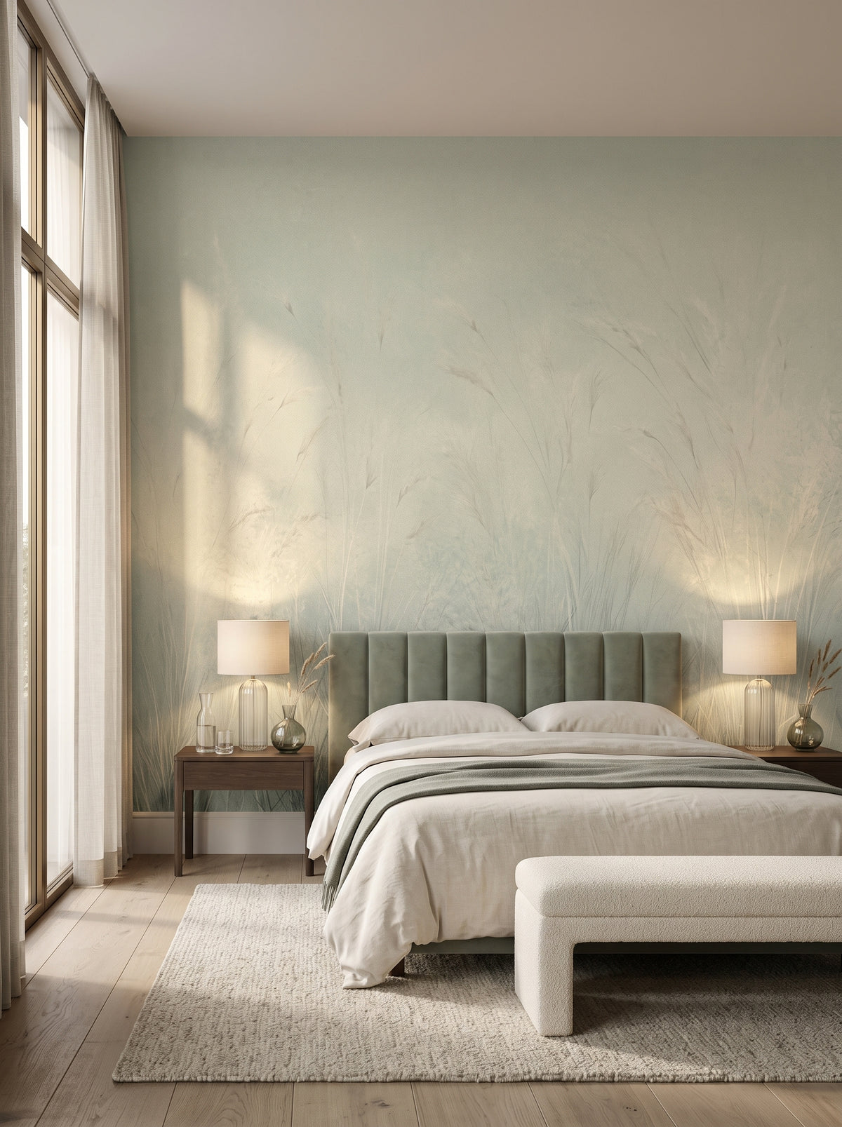 Fototapeta artystyczna o nazwie MISTY EMBRACE w aranżacji wnętrza: apartament w pięciogwiazdkowym hotelu w stylu quiet luxury.