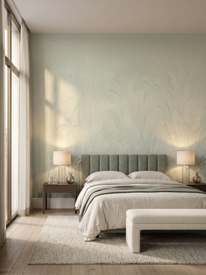 Fototapeta artystyczna o nazwie MISTY EMBRACE w aranżacji wnętrza: apartament w pięciogwiazdkowym hotelu w stylu quiet luxury.