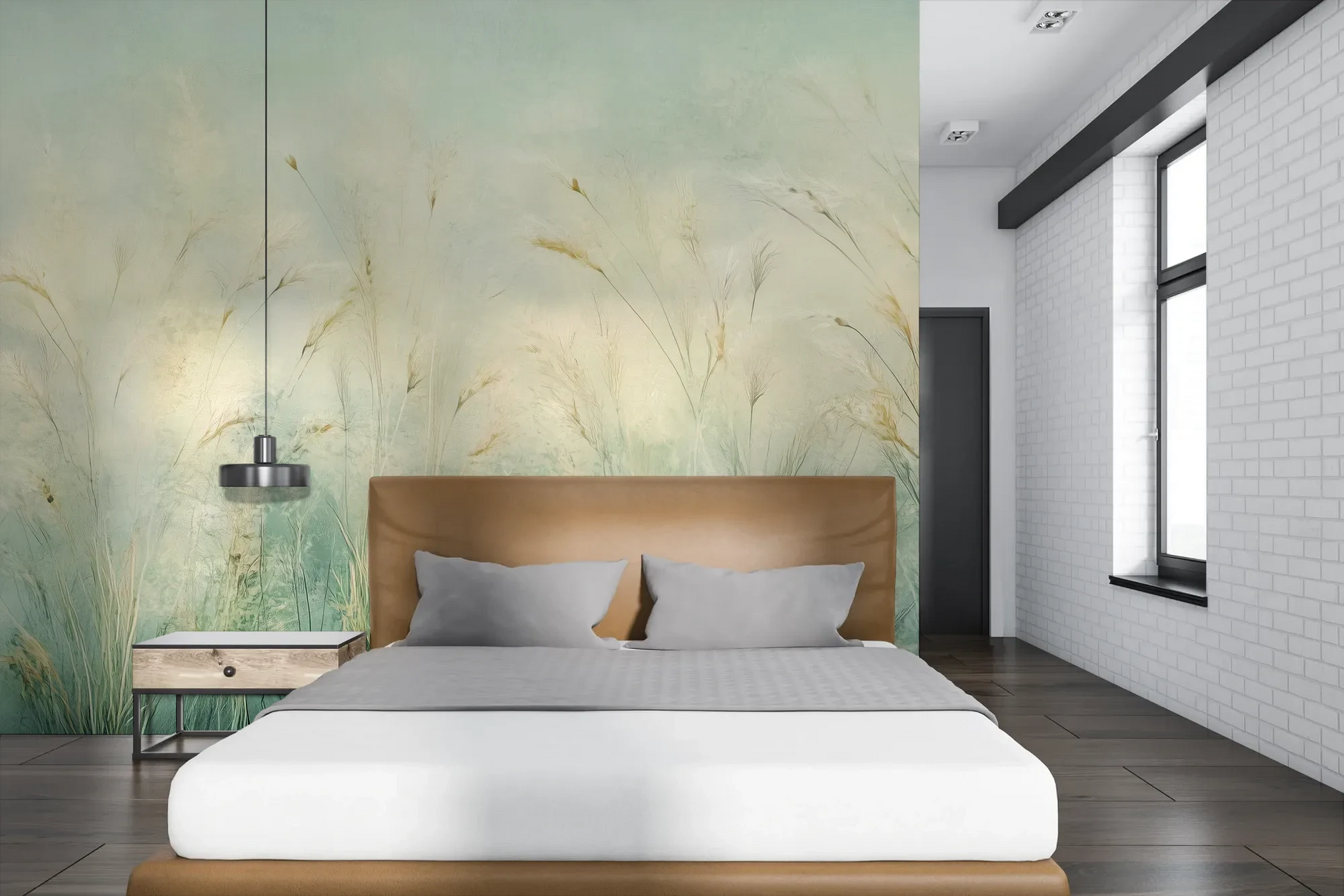 Wzór fototapety EMERALD WALTZ - tapeta z mglistymi trawami w odcieniach zieleni pokazanej w aranżacji sypialni.