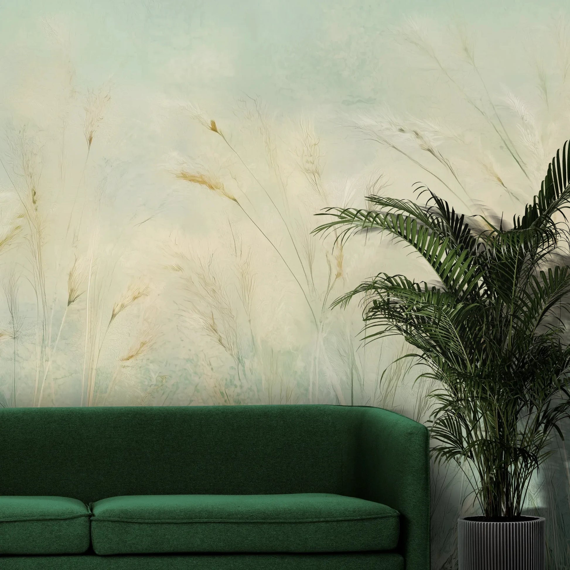 Fototapeta EMERALD WALTZ - tapeta z mglistymi trawami w odcieniach zieleni pokazana w aranżacji wnętrza z akcentem na ścianie.