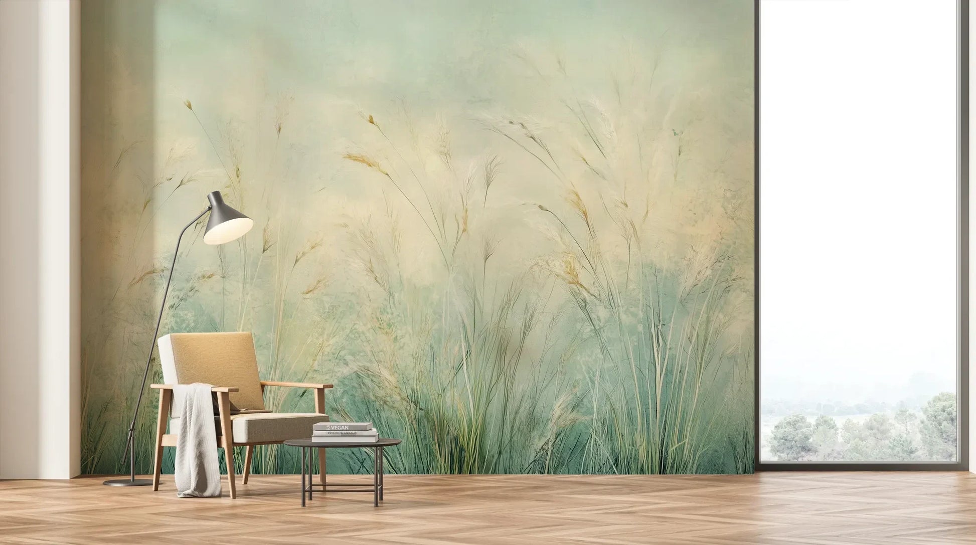 Wzór fototapety EMERALD WALTZ - tapeta z mglistymi trawami w odcieniach zieleni pokazanej w aranżacji salonu.