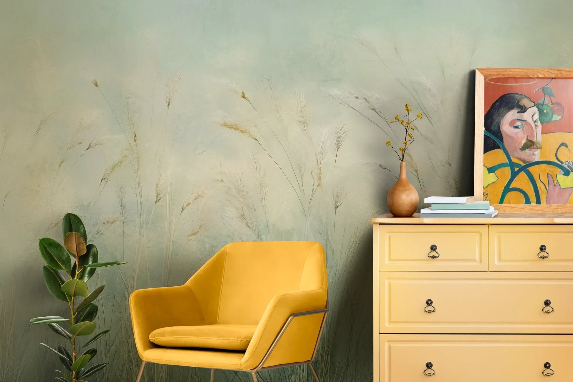 Wzór fototapety EMERALD WALTZ - tapeta z mglistymi trawami w odcieniach zieleni pokazanej w aranżacji salonu.