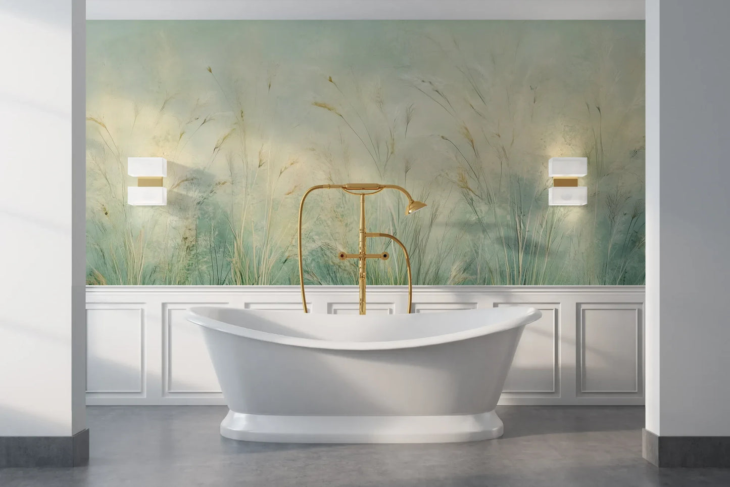 Wzór fototapety EMERALD WALTZ - tapeta z mglistymi trawami w odcieniach zieleni pokazanej w aranżacji łazienki.