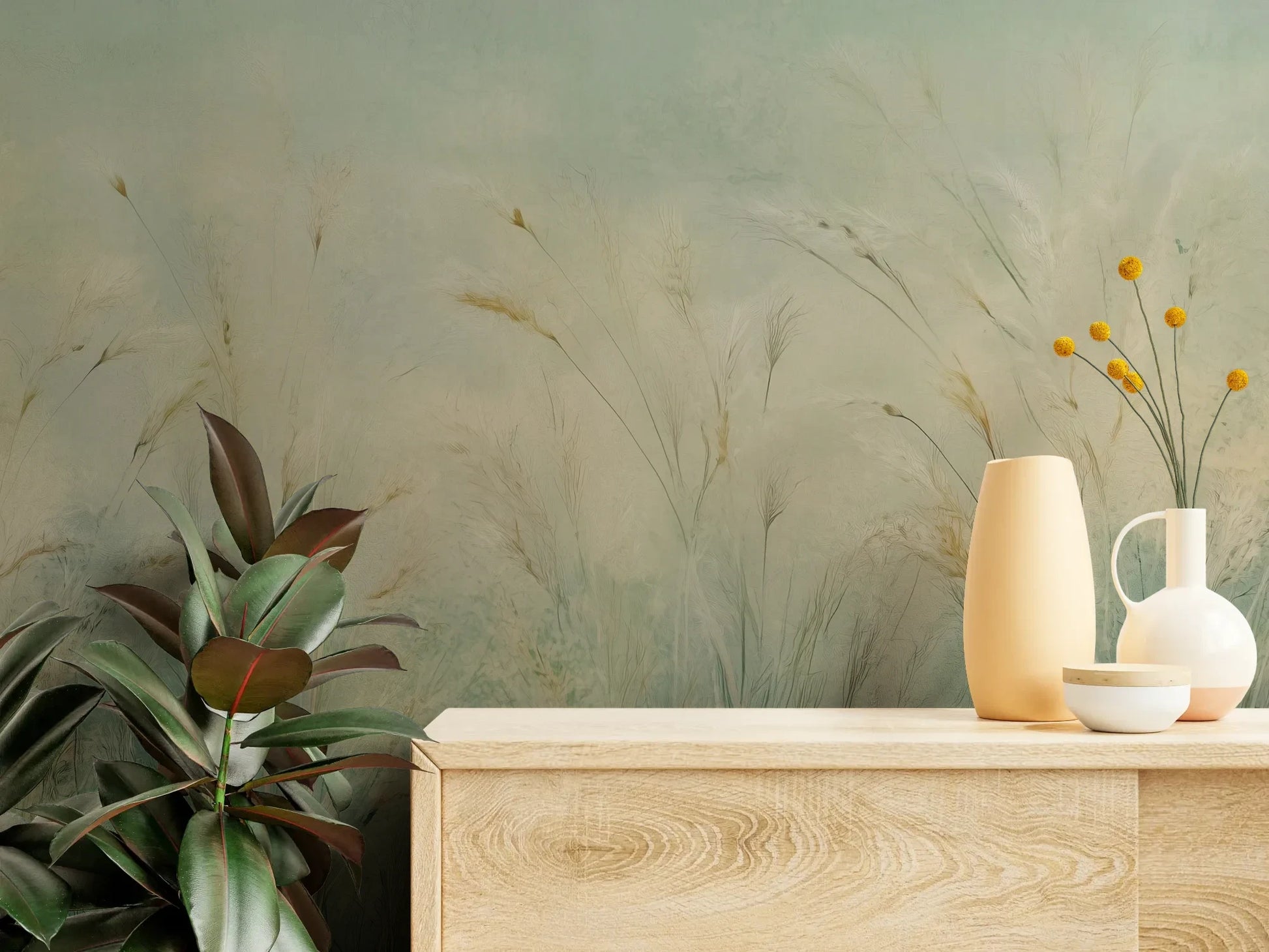Fototapeta EMERALD WALTZ - tapeta z mglistymi trawami w odcieniach zieleni pokazana w aranżacji wnętrza z akcentem na ścianie.