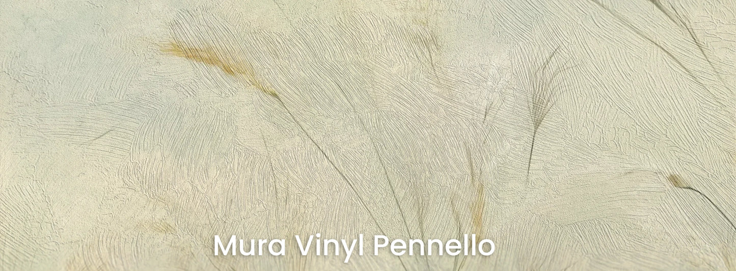 Zbliżenie na fototapetę EMERALD WALTZ - tapeta z mglistymi trawami w odcieniach zieleni na podłożu o fakturze pociągnięć pędzla.