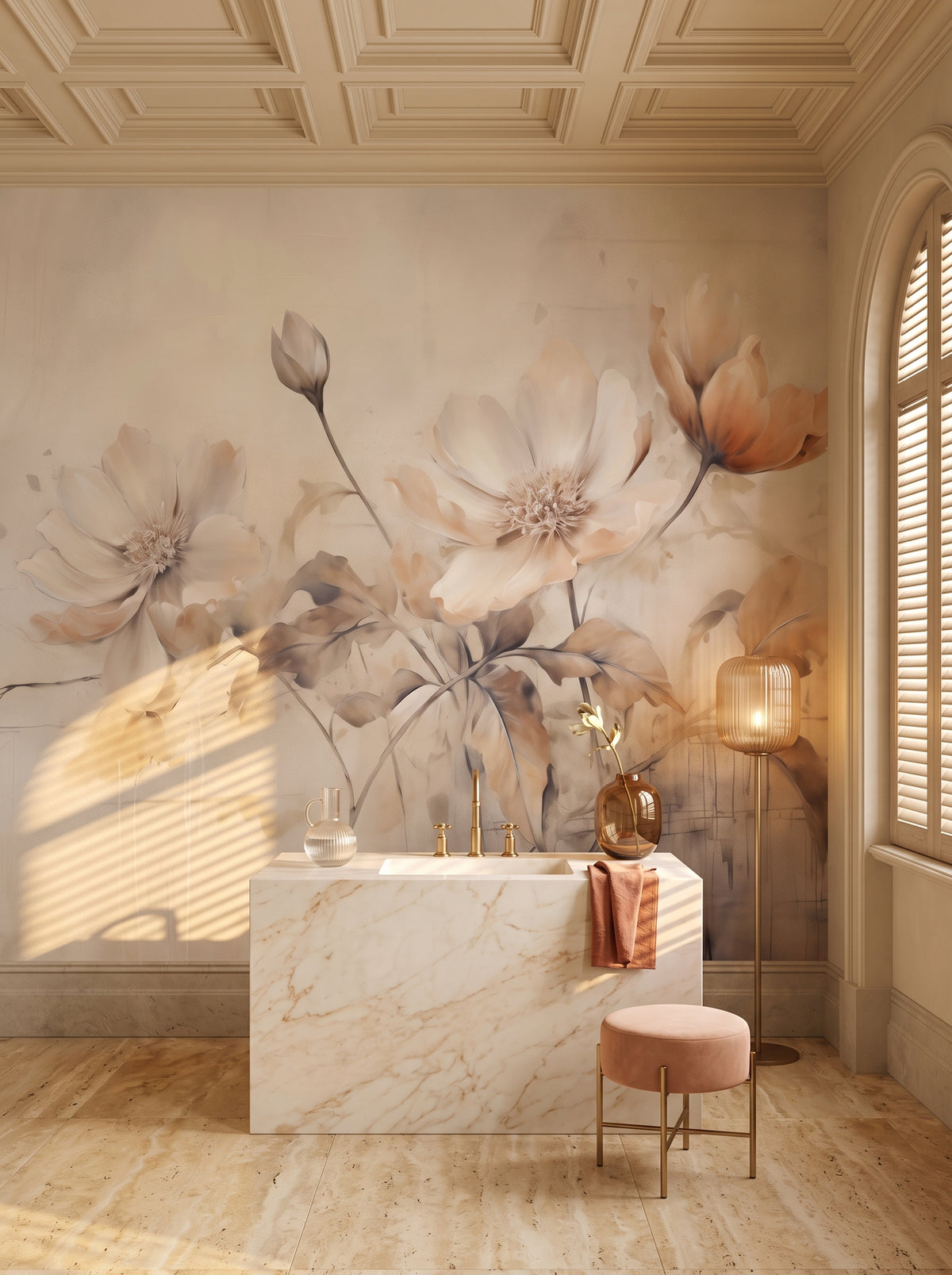 Fototapeta artystyczna o nazwie Gentle Blossoms w aranżacji wnętrza: łazienka w rzymskim palazzo.