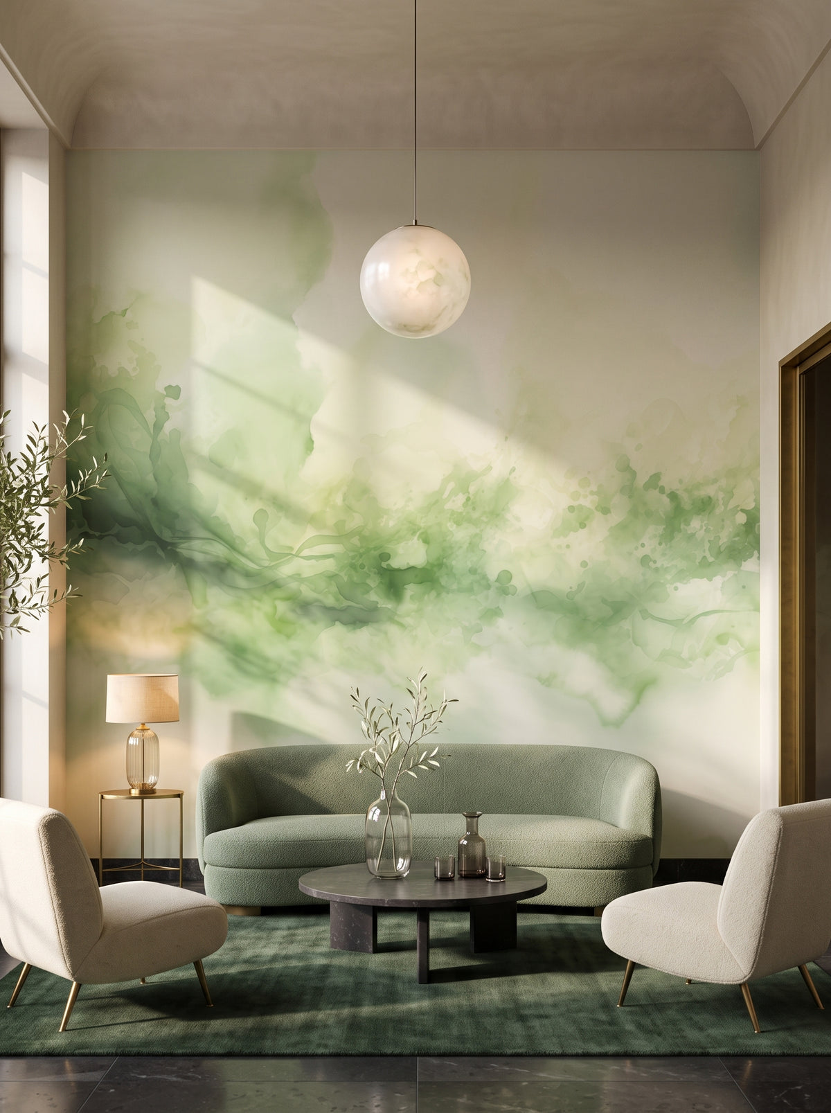 Fototapeta artystyczna o nazwie Leśna Mgła w aranżacji wnętrza: lobby lounge w butikowym hotelu designerskim.