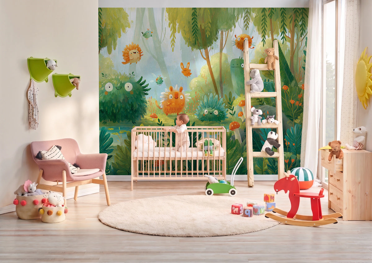 MOSSY POND - malowany las pełen puchatych stworków — BABY'S ROOM WITH A COT AND A BABY
