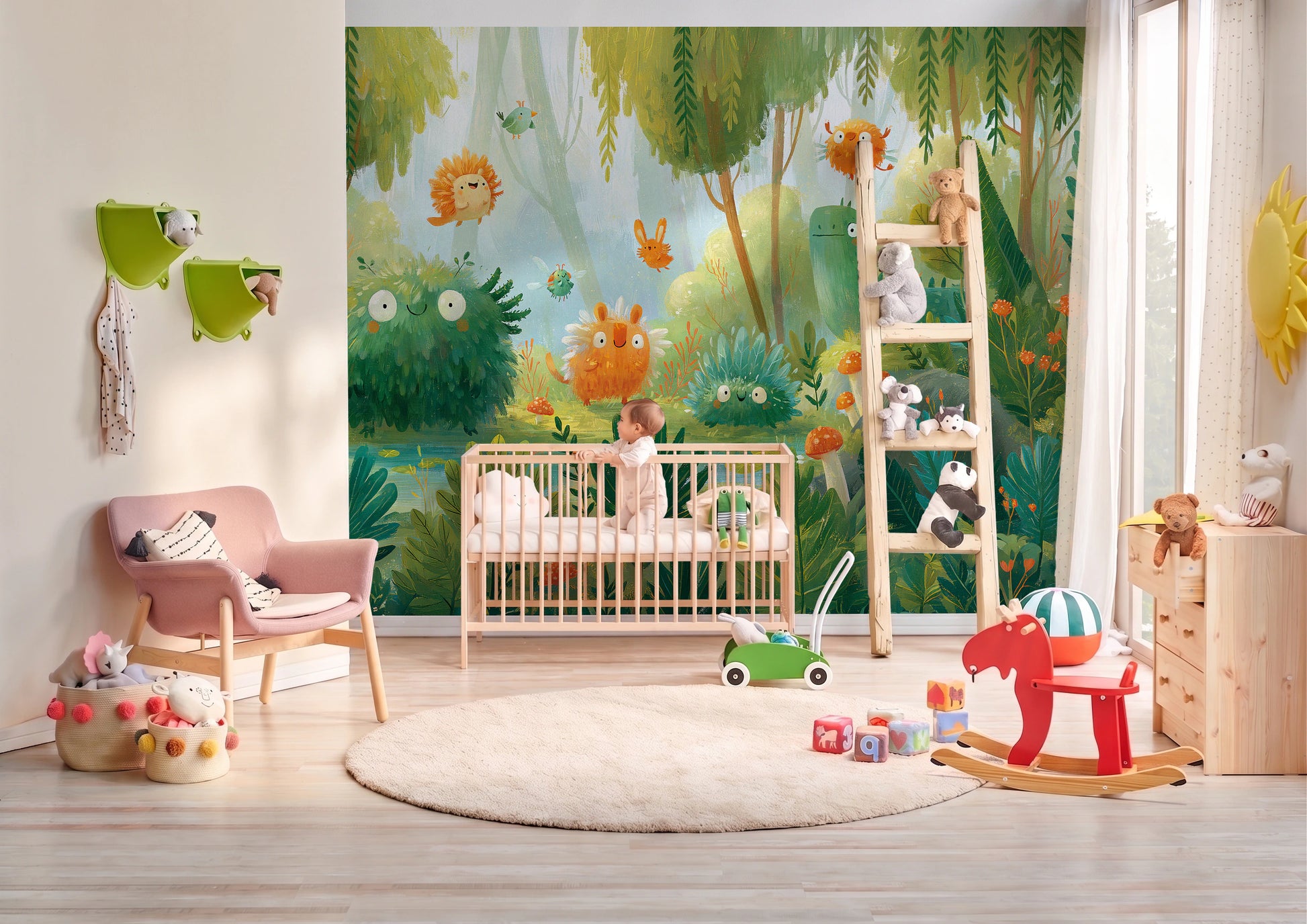 MOSSY POND - malowany las pełen puchatych stworków — BABY'S ROOM WITH A COT AND A BABY