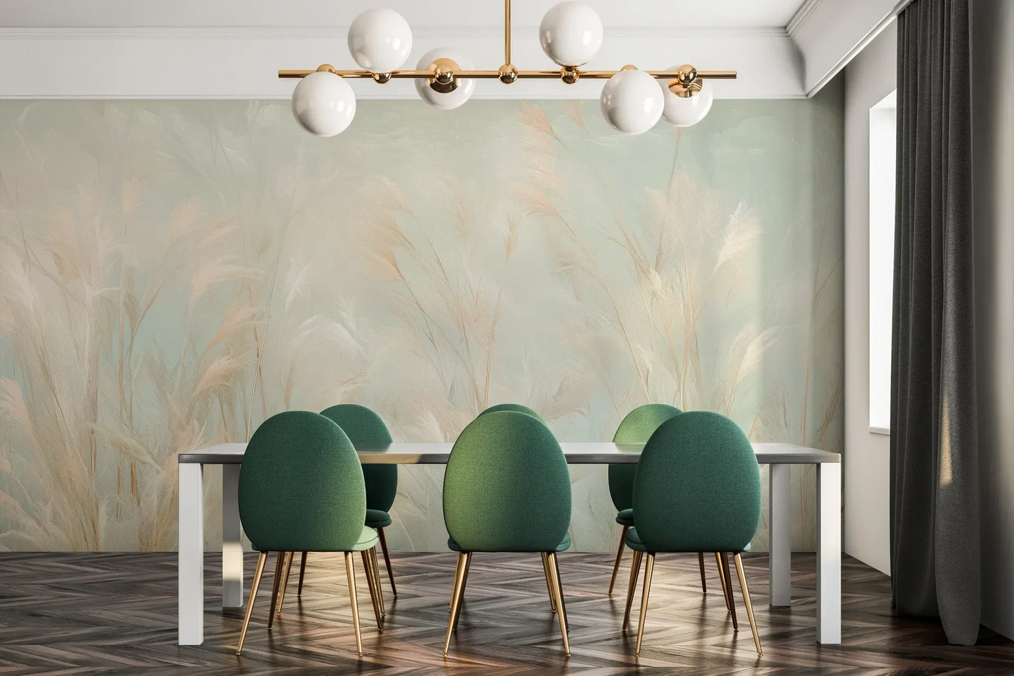 Fototapeta OPAL WHISPERS - tapeta z delikatnymi trawami w pastelowych odcieniach pokazana w aranżacji jadalni.