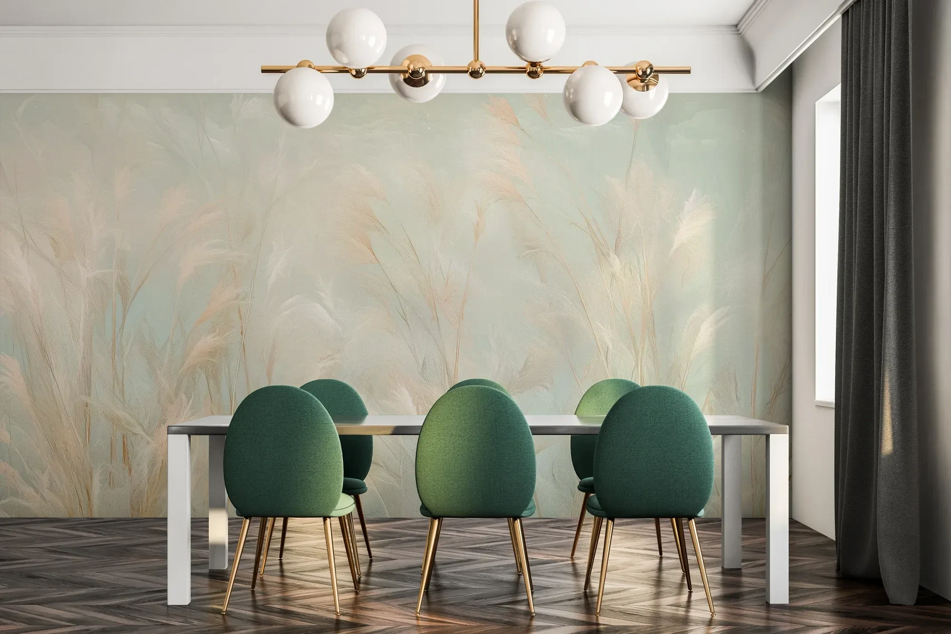 Fototapeta OPAL WHISPERS - tapeta z delikatnymi trawami w pastelowych odcieniach pokazana w aranżacji jadalni.