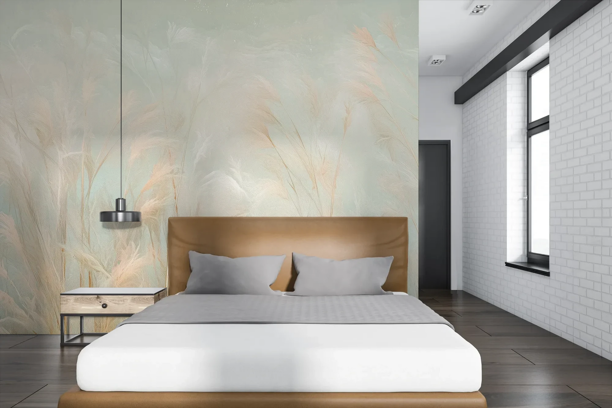 Wzór fototapety OPAL WHISPERS - tapeta z delikatnymi trawami w pastelowych odcieniach pokazanej w aranżacji sypialni.