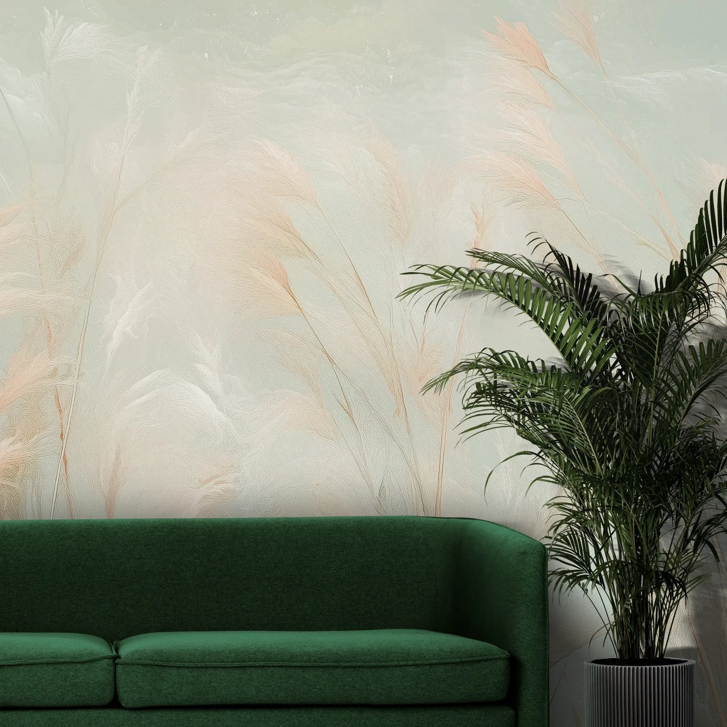 Fototapeta OPAL WHISPERS - tapeta z delikatnymi trawami w pastelowych odcieniach pokazana w aranżacji wnętrza z akcentem na ścianie.
