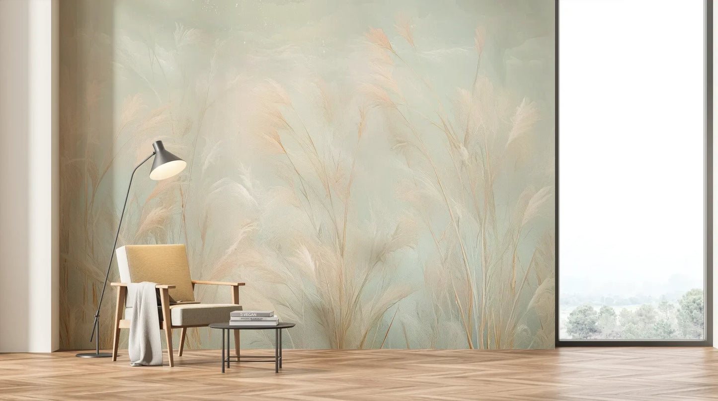 Wzór fototapety OPAL WHISPERS - tapeta z delikatnymi trawami w pastelowych odcieniach pokazanej w aranżacji salonu.