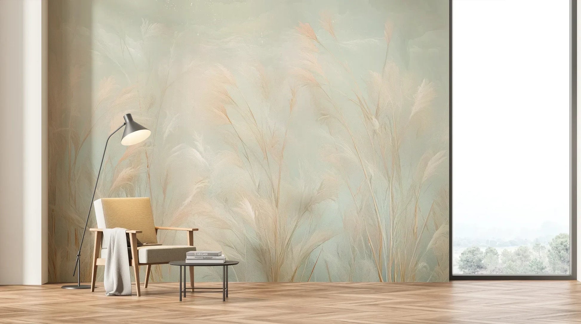 Wzór fototapety OPAL WHISPERS - tapeta z delikatnymi trawami w pastelowych odcieniach pokazanej w aranżacji salonu.