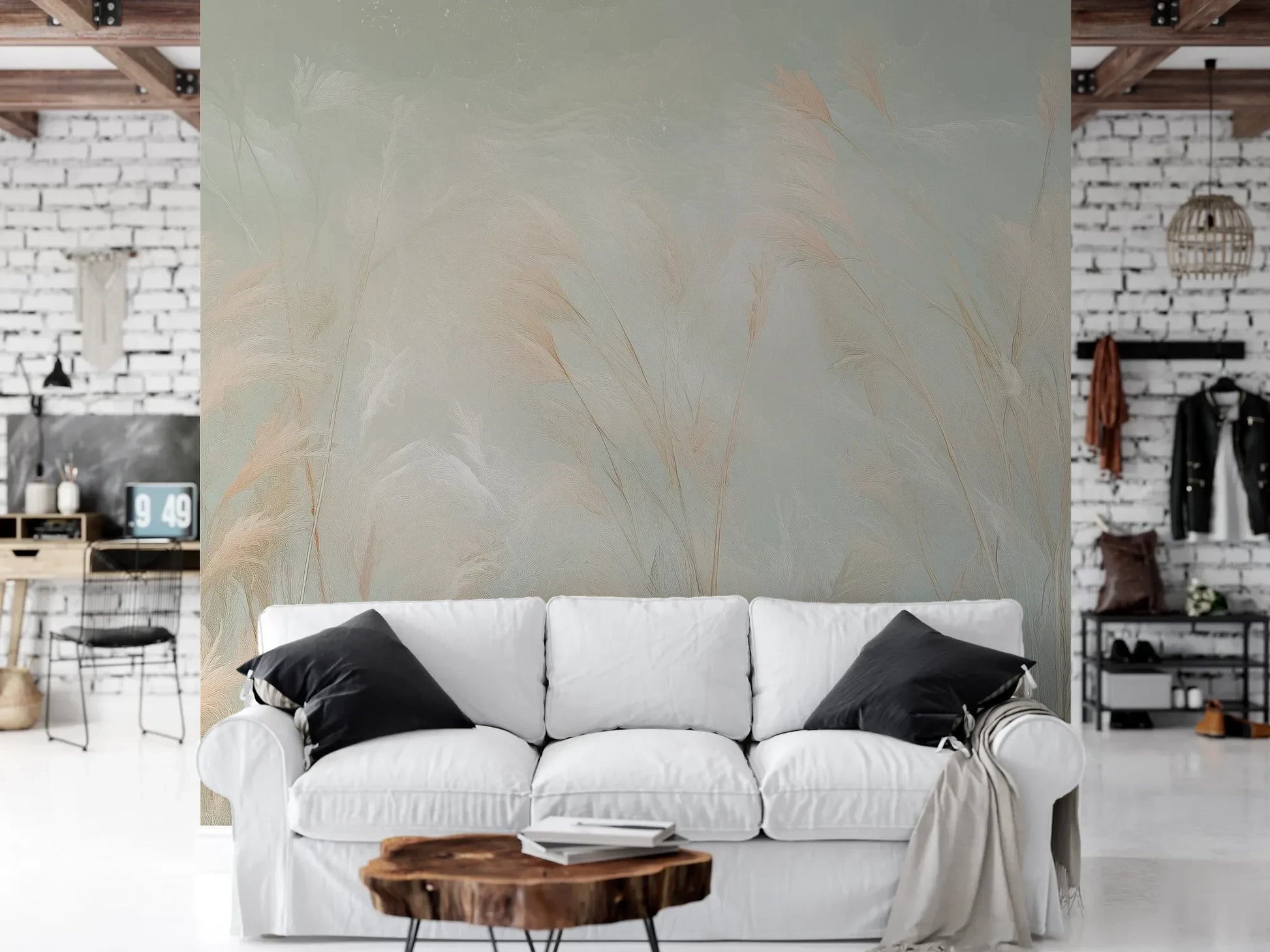 Wzór fototapety OPAL WHISPERS - tapeta z delikatnymi trawami w pastelowych odcieniach pokazanej w aranżacji salonu.