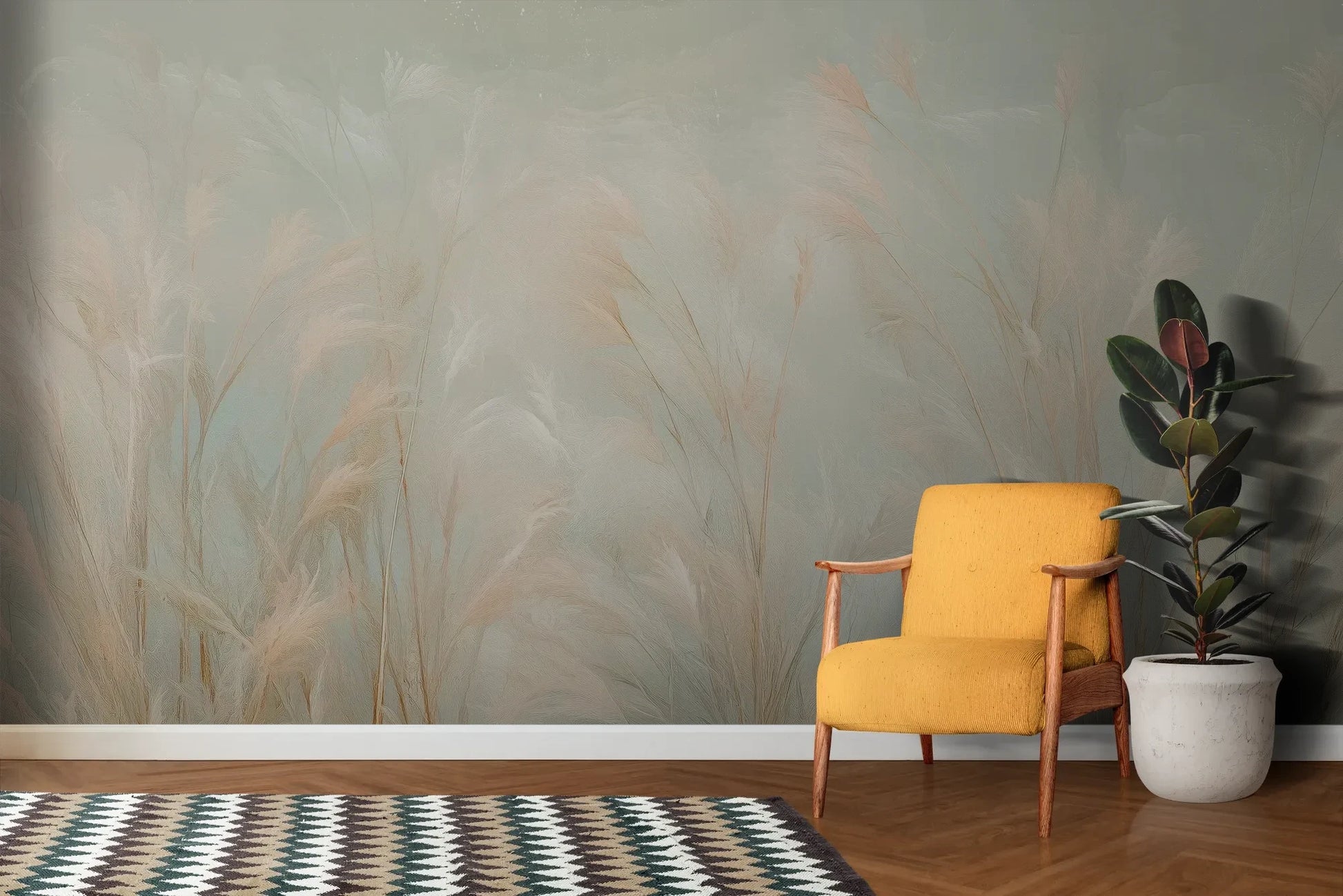 Wzór fototapety OPAL WHISPERS - tapeta z delikatnymi trawami w pastelowych odcieniach pokazanej w aranżacji salonu.
