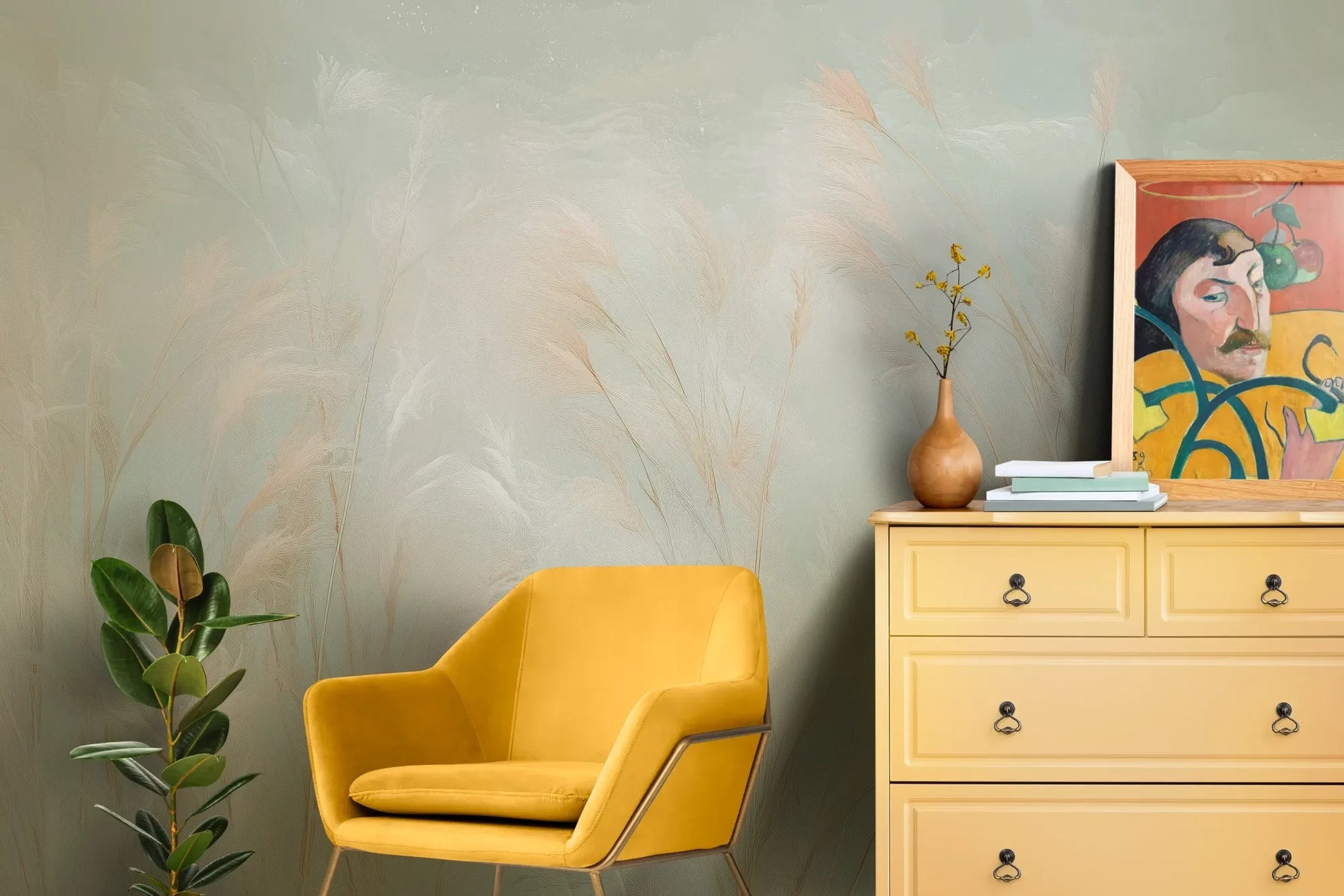 Wzór fototapety OPAL WHISPERS - tapeta z delikatnymi trawami w pastelowych odcieniach pokazanej w aranżacji salonu.