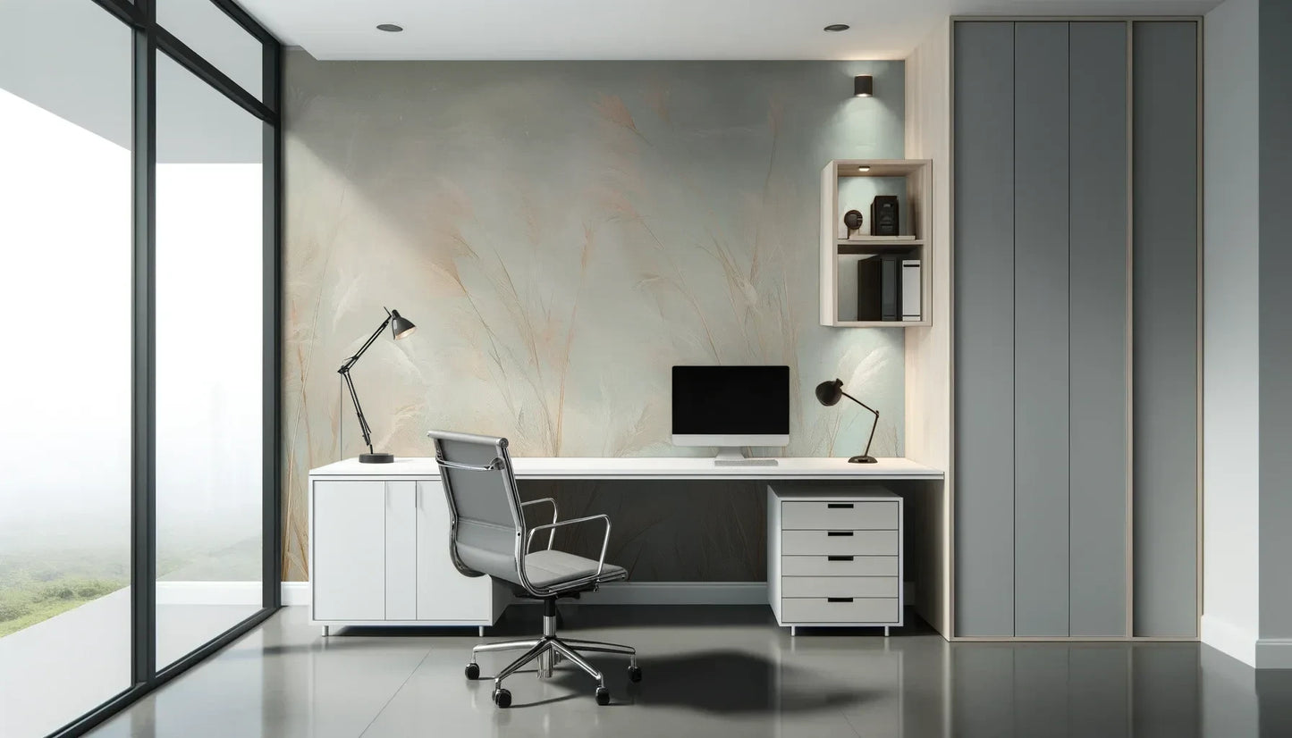 Fototapeta OPAL WHISPERS - tapeta z delikatnymi trawami w pastelowych odcieniach pokazana w aranżacji biura.