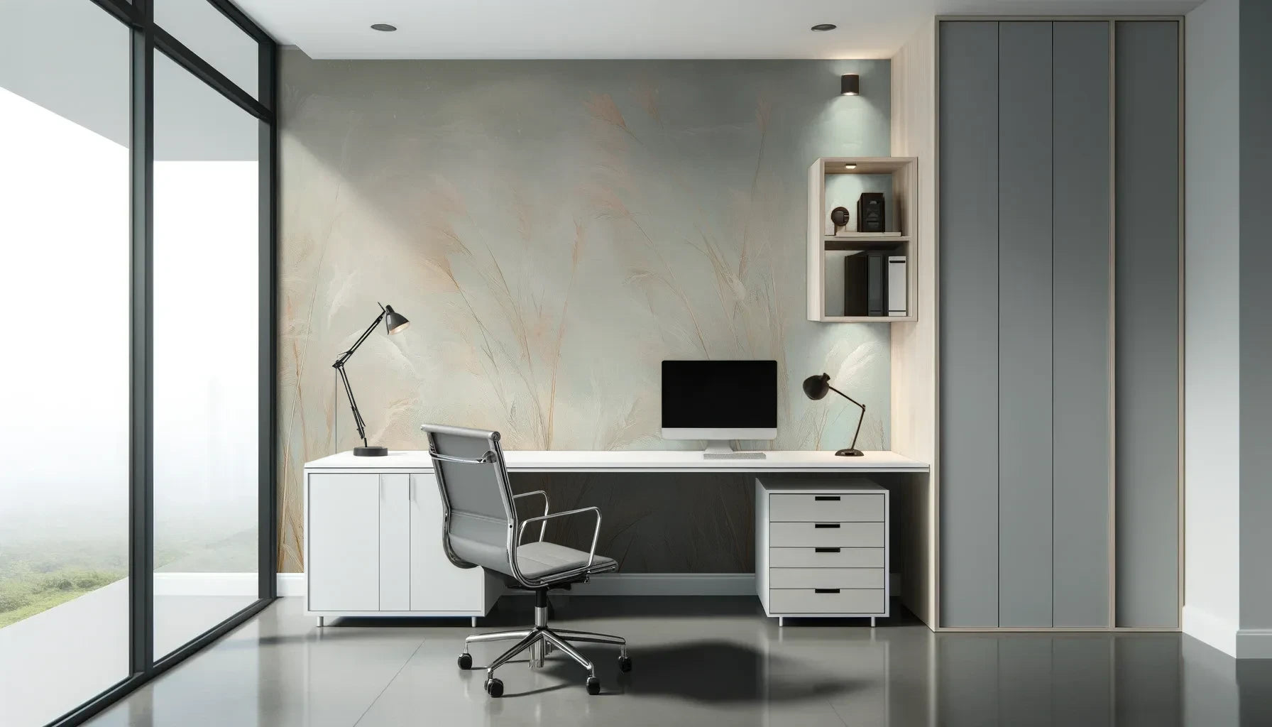 Fototapeta OPAL WHISPERS - tapeta z delikatnymi trawami w pastelowych odcieniach pokazana w aranżacji biura.