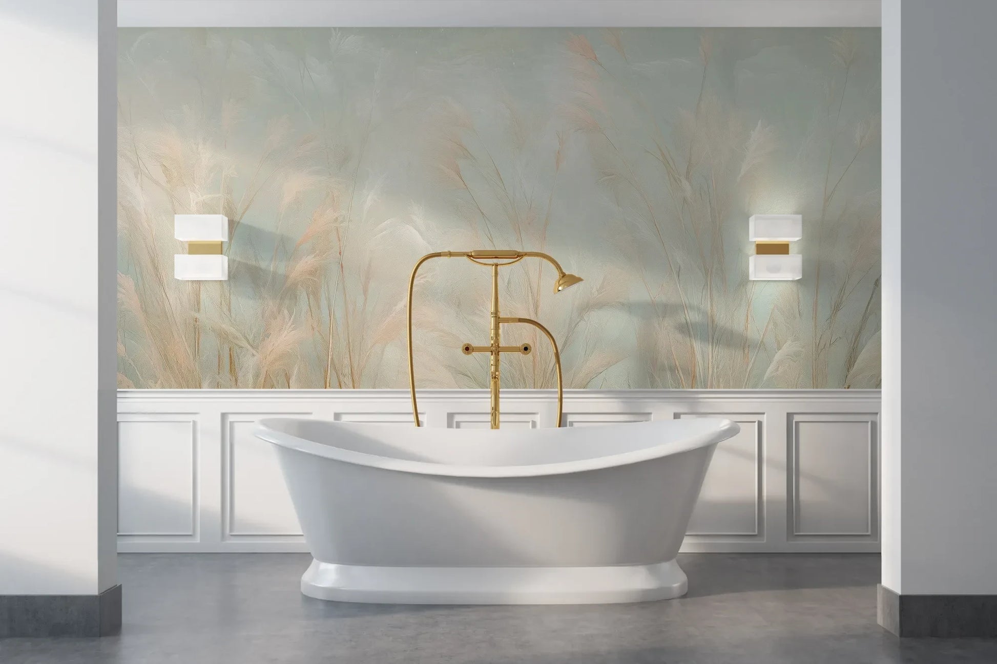 Wzór fototapety OPAL WHISPERS - tapeta z delikatnymi trawami w pastelowych odcieniach pokazanej w aranżacji łazienki.