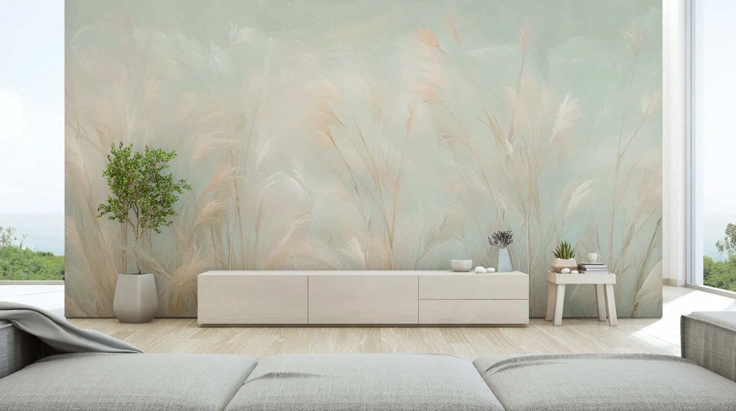 Wzór fototapety OPAL WHISPERS - tapeta z delikatnymi trawami w pastelowych odcieniach pokazanej w aranżacji salonu.