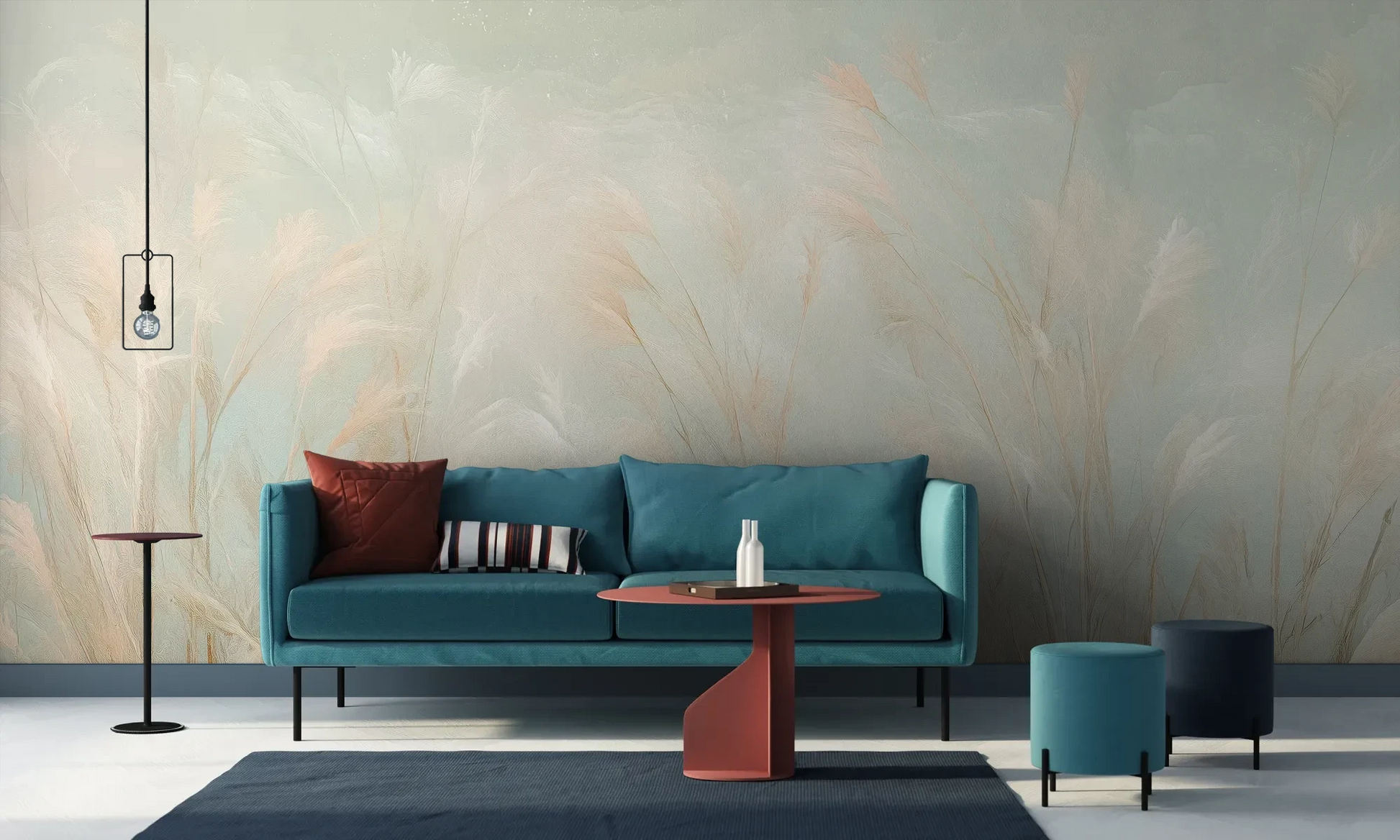 Wzór fototapety OPAL WHISPERS - tapeta z delikatnymi trawami w pastelowych odcieniach pokazanej w aranżacji salonu.