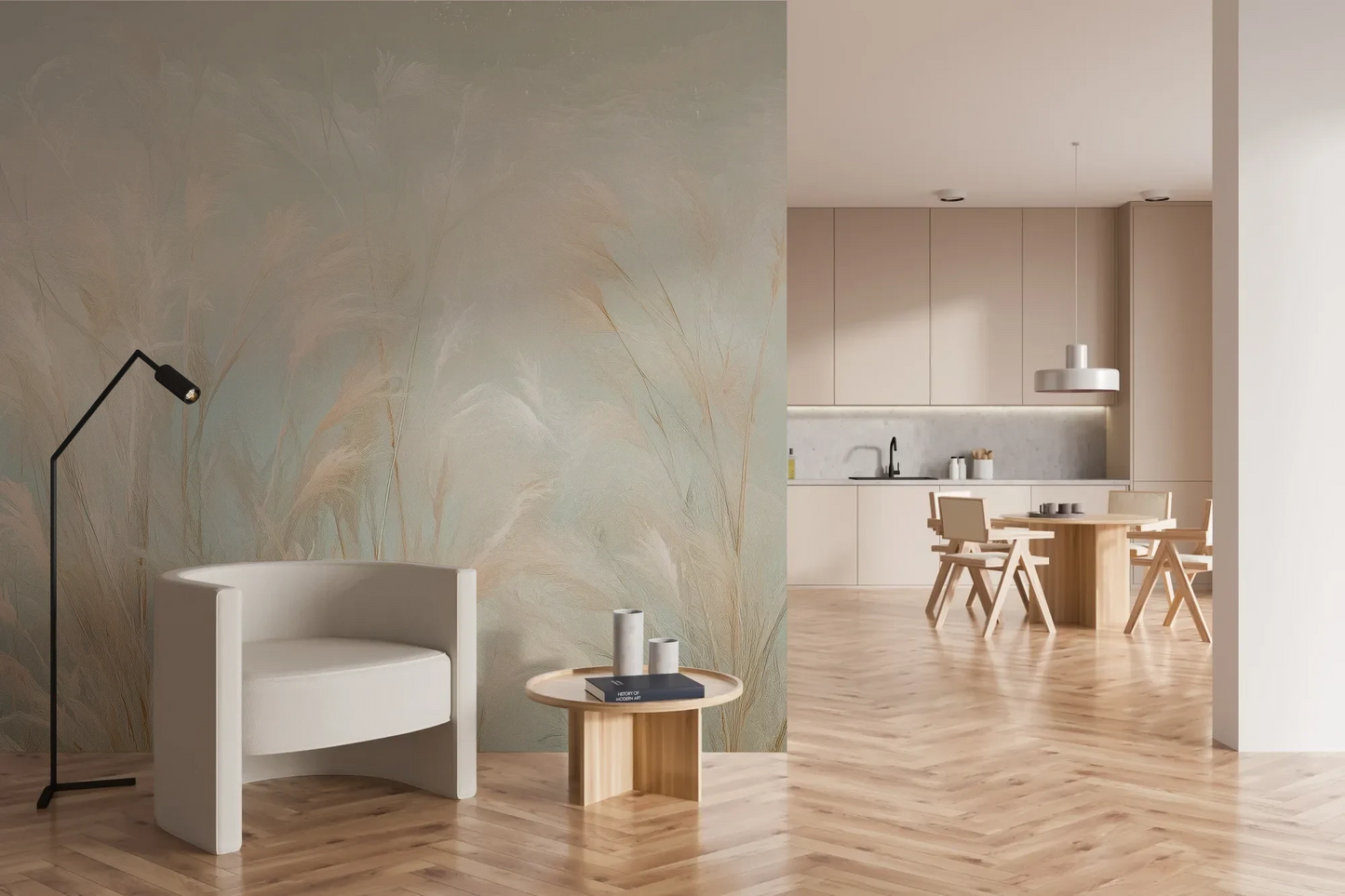 Wzór fototapety OPAL WHISPERS - tapeta z delikatnymi trawami w pastelowych odcieniach pokazanej w aranżacji kuchni.