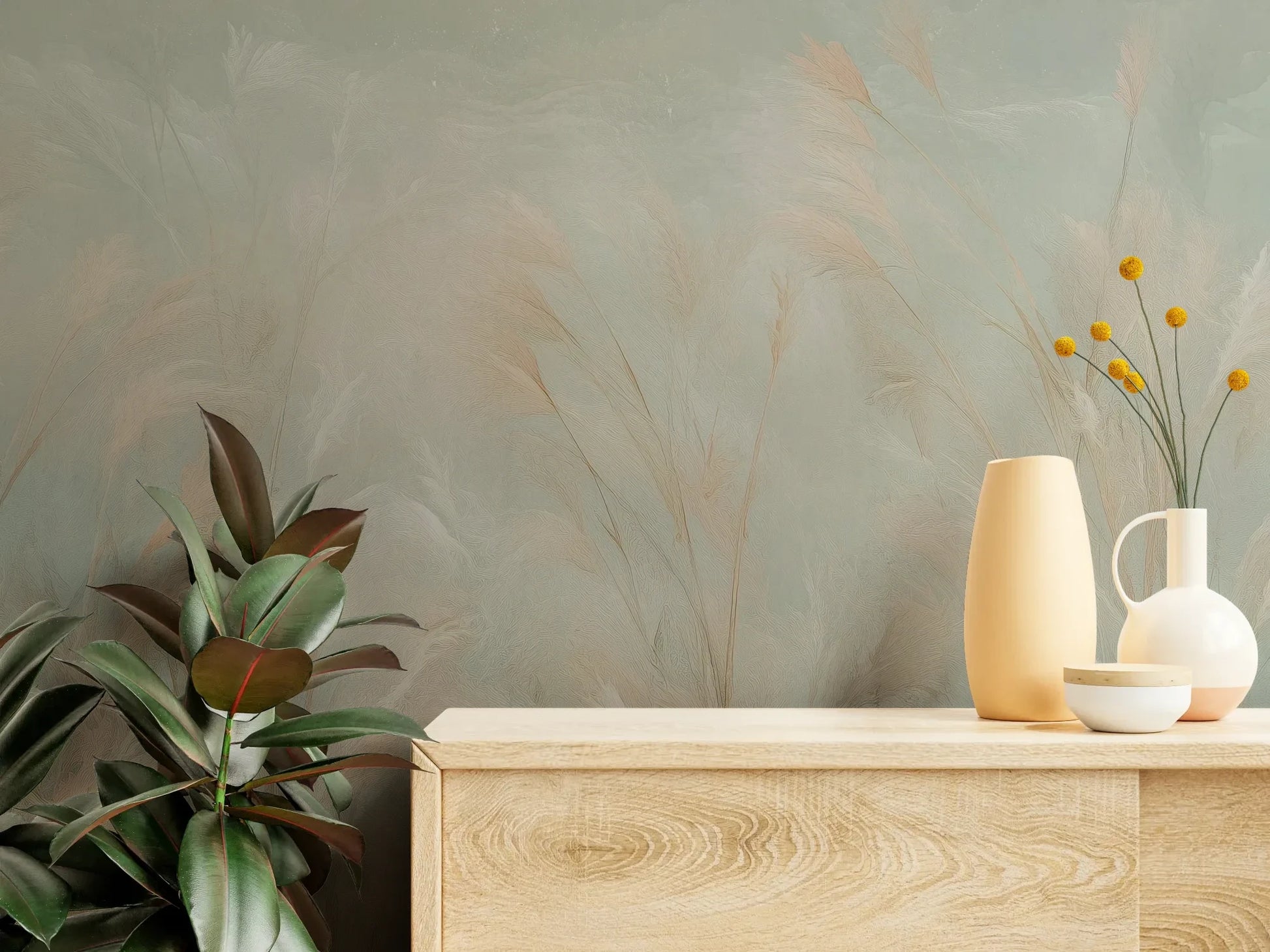 Fototapeta OPAL WHISPERS - tapeta z delikatnymi trawami w pastelowych odcieniach pokazana w aranżacji wnętrza z akcentem na ścianie.