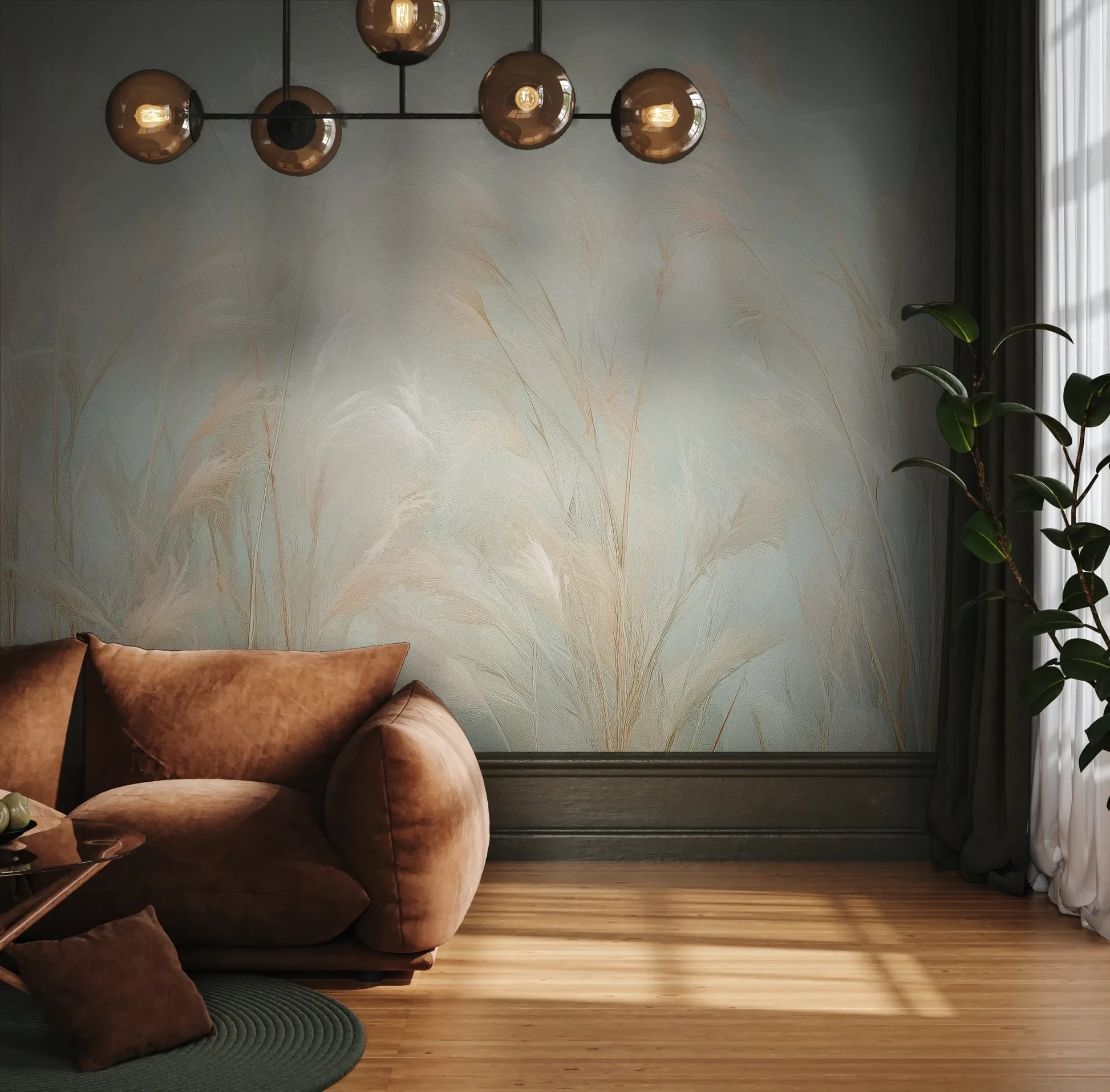 Fototapeta OPAL WHISPERS - tapeta z delikatnymi trawami w pastelowych odcieniach pokazana w aranżacji wnętrza z akcentem na ścianie.