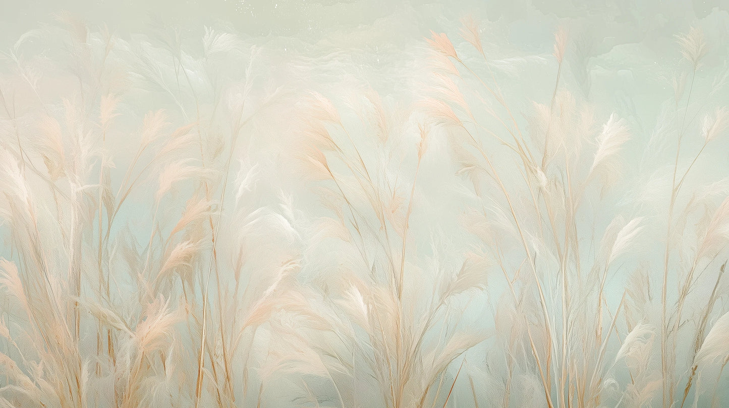 Prezentacja całego wzoru fototapety o nazwie MISTY FEATHERS - tapeta z delikatnymi źdźbłami traw w pastelowych odcieniach