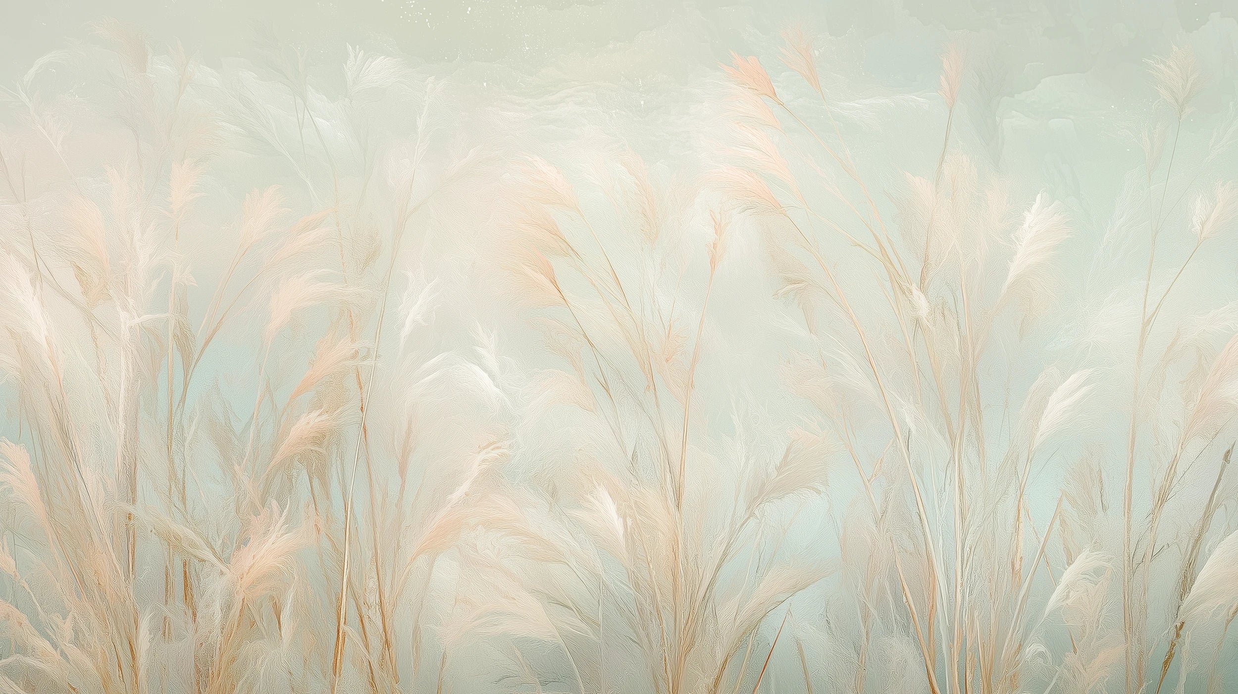 Pattern preview: Prezentacja całego wzoru fototapety o nazwie MISTY FEATHERS - tapeta z delikatnymi źdźbłami traw w pastelowych odcieniach
